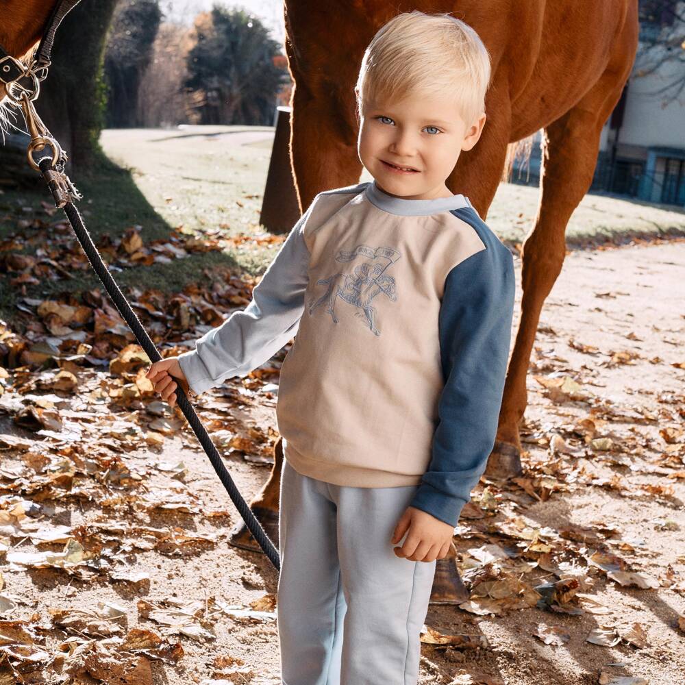 Patachou-Boys Blue & Beige Tracksuit with Racehorse Embroidery | Childrensalon