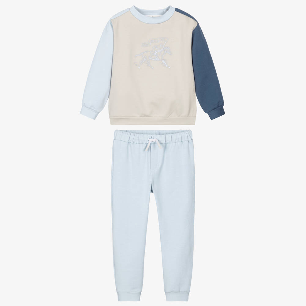 Patachou-Boys Blue & Beige Tracksuit with Racehorse Embroidery | Childrensalon
