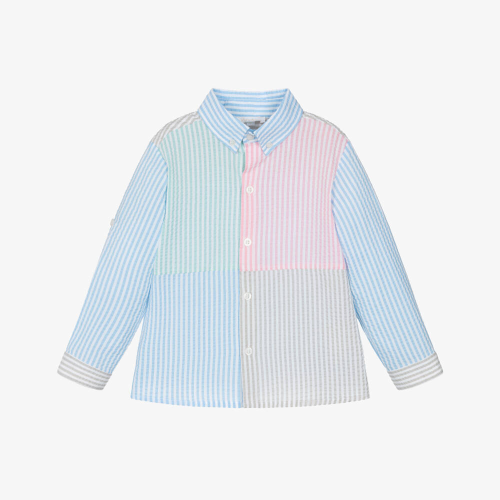 Patachou-Boys Blue & Colourful Colourblock Stripe Seersucker Shirt | Childrensalon