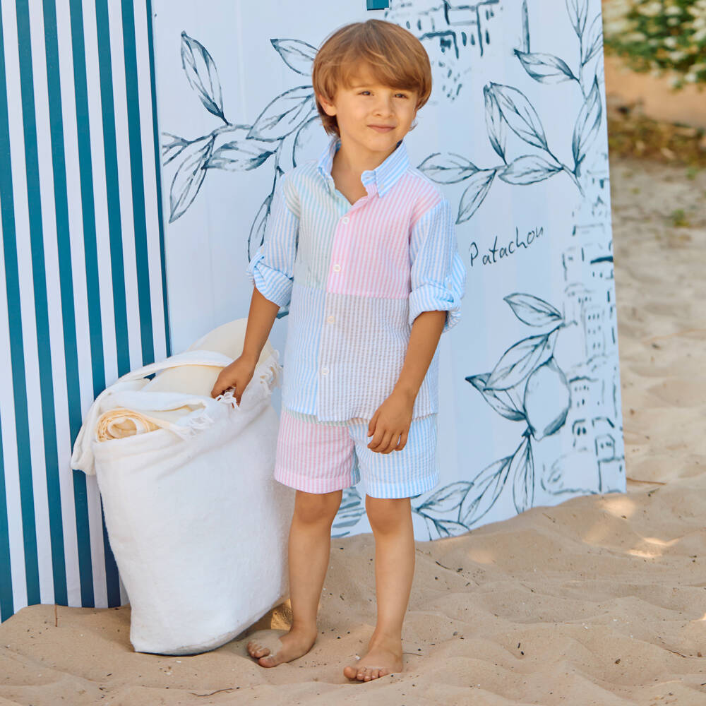 Patachou-Boys Blue & Colourful Colourblock Stripe Seersucker Shirt | Childrensalon