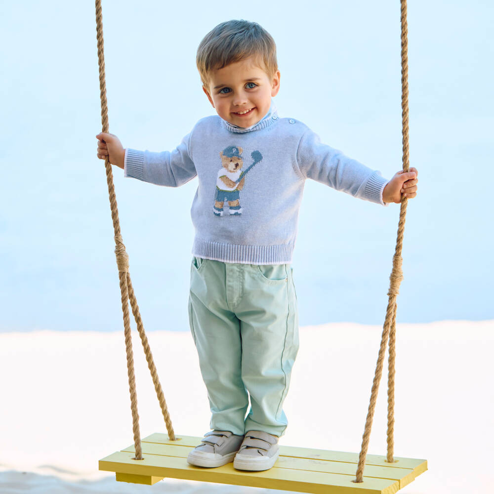 Patachou-Boys Blue Cotton Knit Jumper with Golfing Bear Motif | Childrensalon