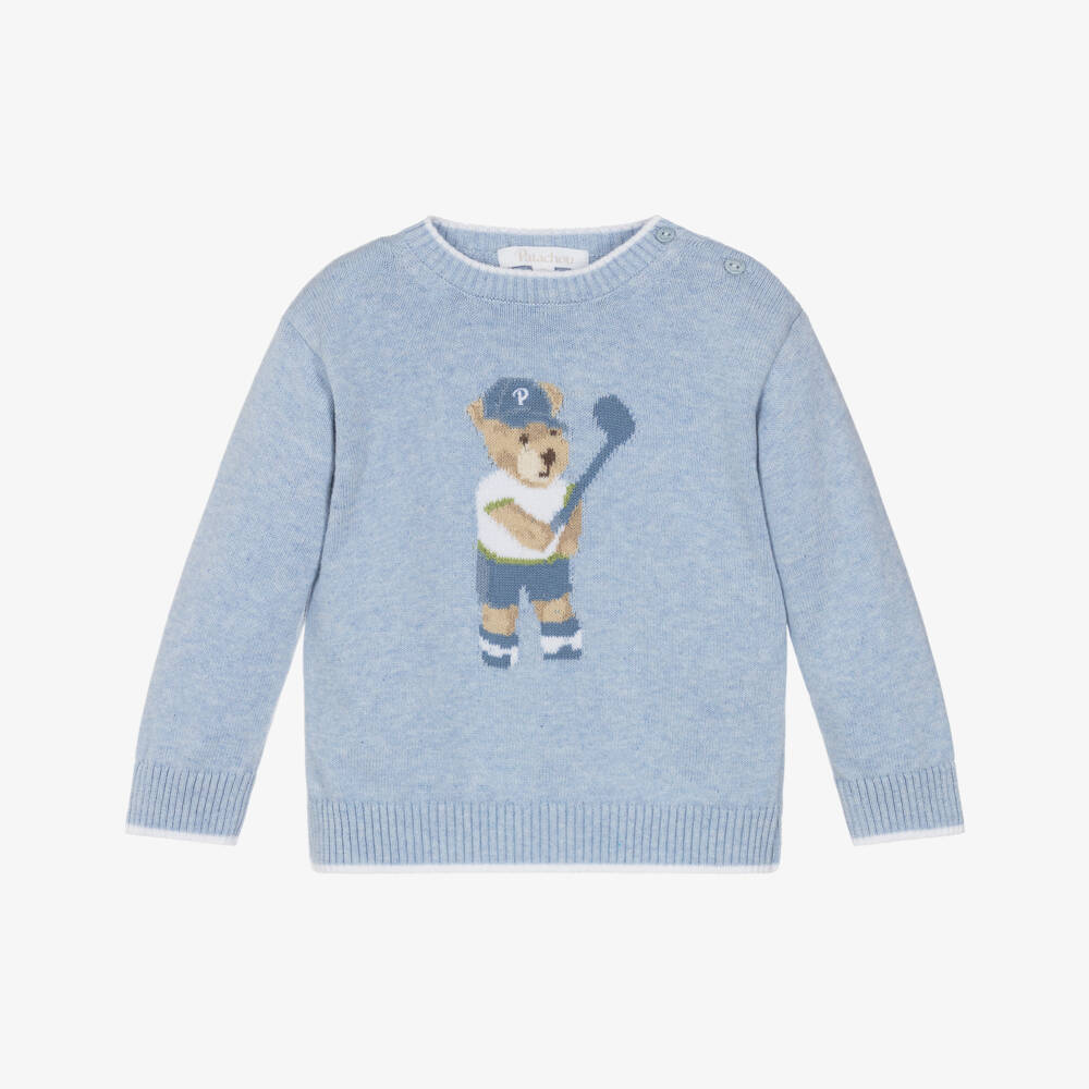 Patachou-Boys Blue Cotton Knit Jumper with Golfing Bear Motif | Childrensalon