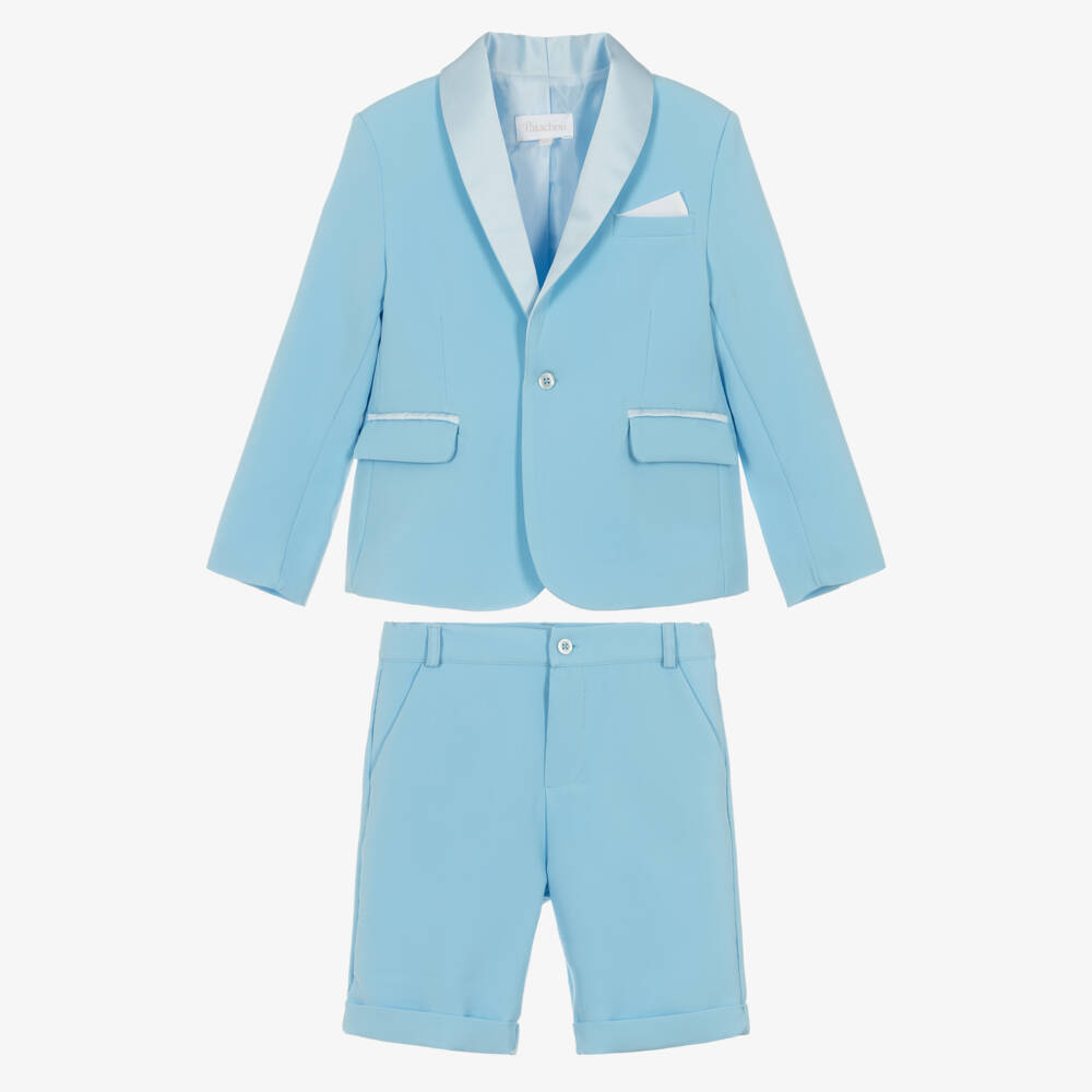 Patachou-Boys Blue Crêpe & Satin Shorts Suit | Childrensalon