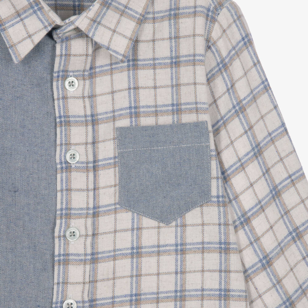 Patachou-Boys Blue Denim & Check Flannel Shirt | Childrensalon