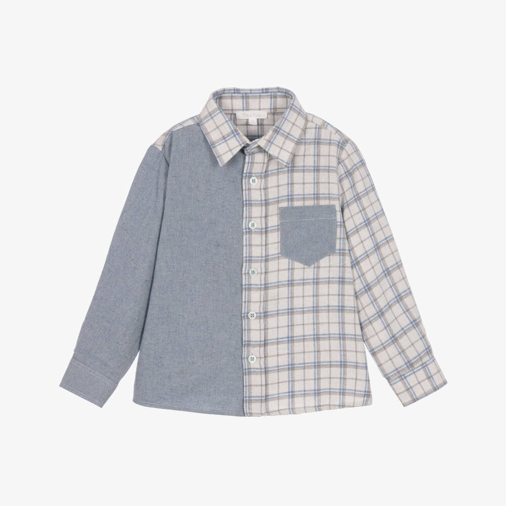 Patachou-Boys Blue Denim & Check Flannel Shirt | Childrensalon