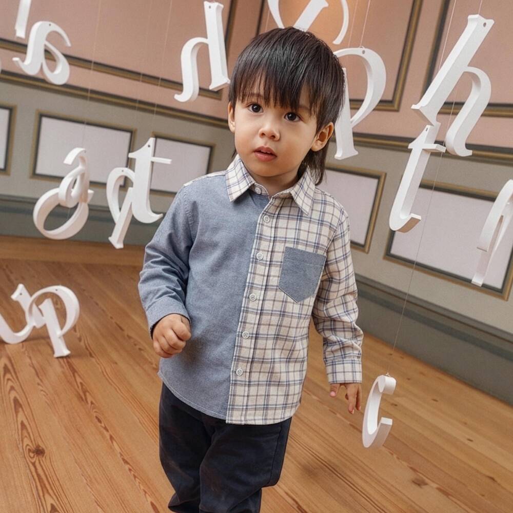 Patachou-Boys Blue Denim & Check Flannel Shirt | Childrensalon