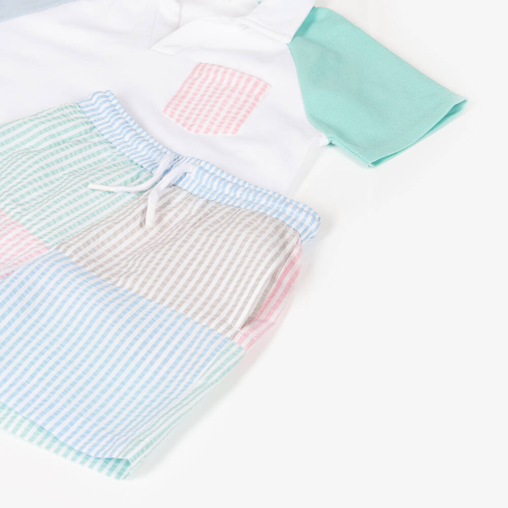 Patachou-Boys Blue & Green Colourblock Seersucker Shorts Set | Childrensalon