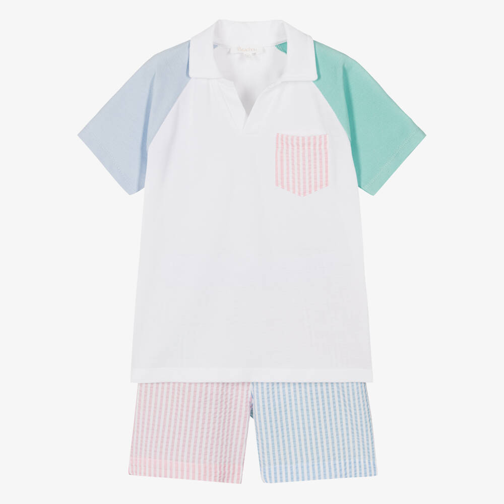 Patachou-Boys Blue & Green Colourblock Seersucker Shorts Set | Childrensalon