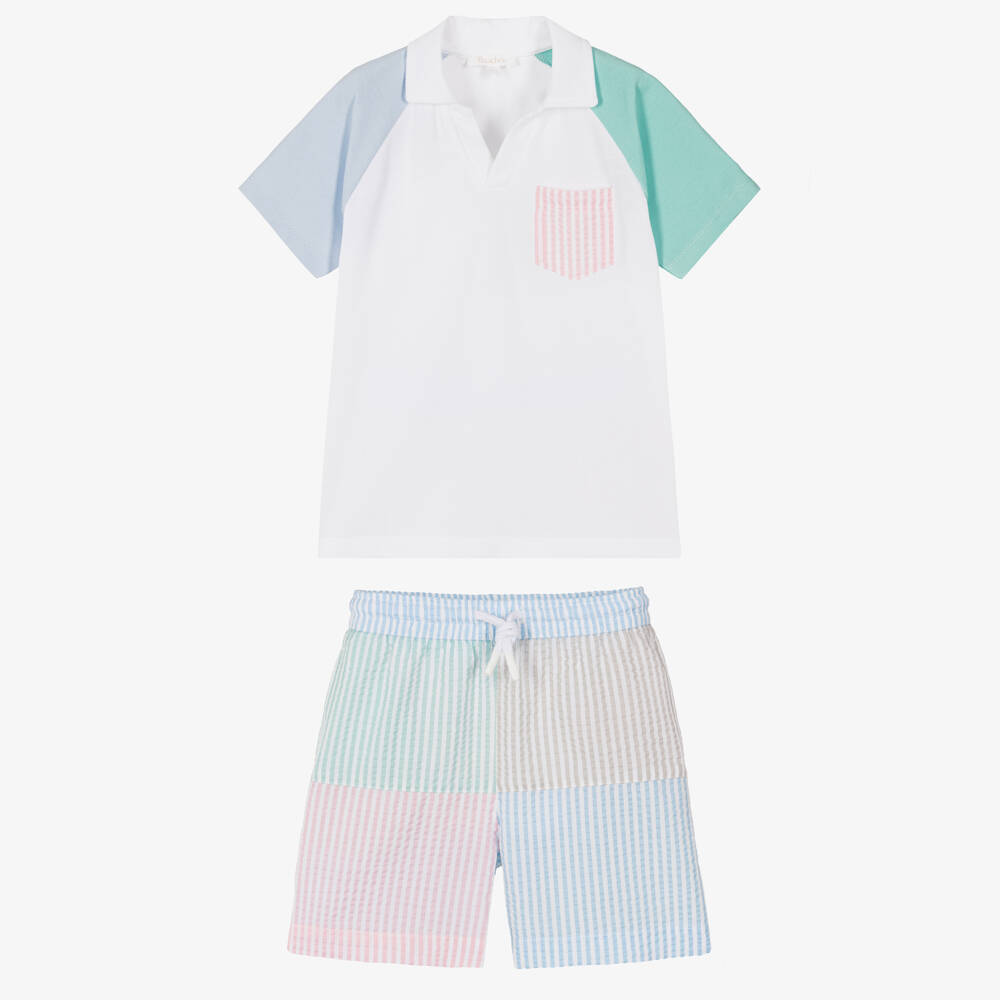 Patachou-Boys Blue & Green Colourblock Seersucker Shorts Set | Childrensalon
