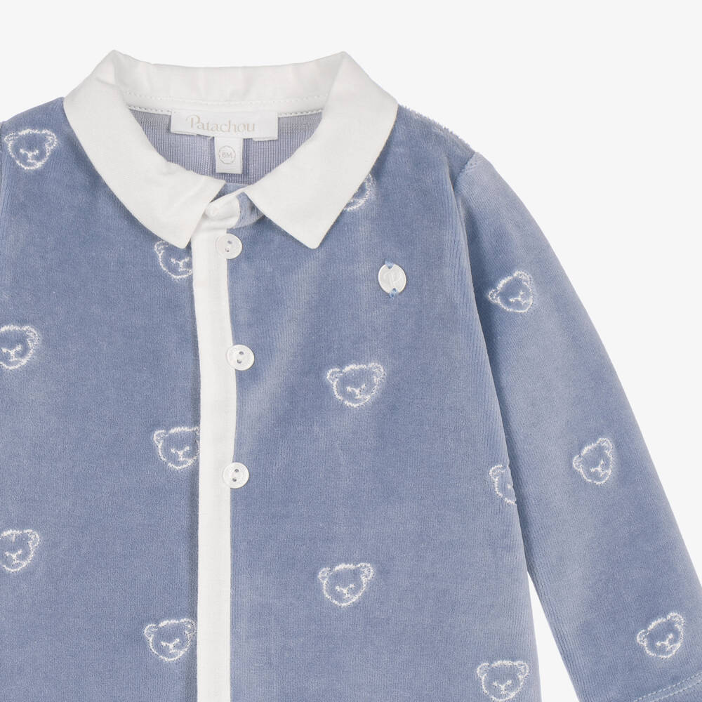 Patachou-Boys Blue Velour Babygrow with Embroidered Bears | Childrensalon