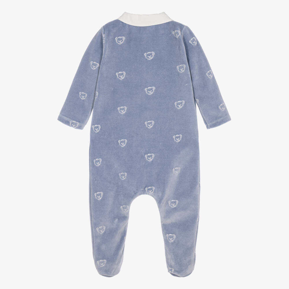 Patachou-Boys Blue Velour Babygrow with Embroidered Bears | Childrensalon