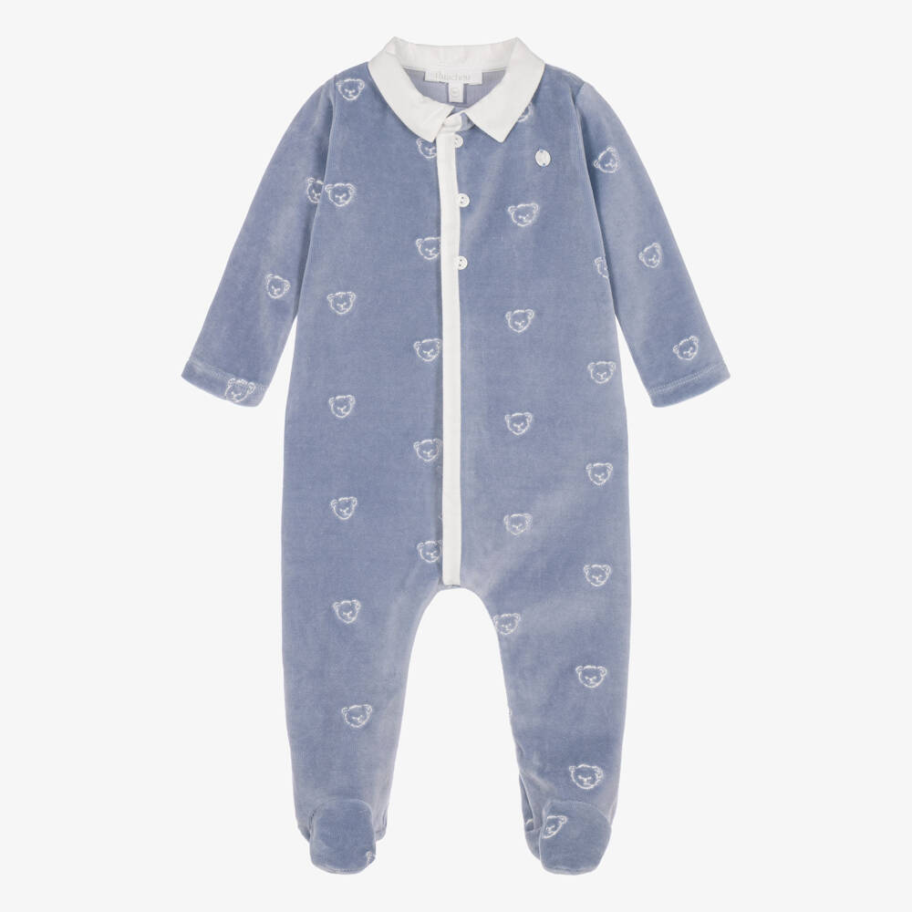 Patachou-Boys Blue Velour Babygrow with Embroidered Bears | Childrensalon