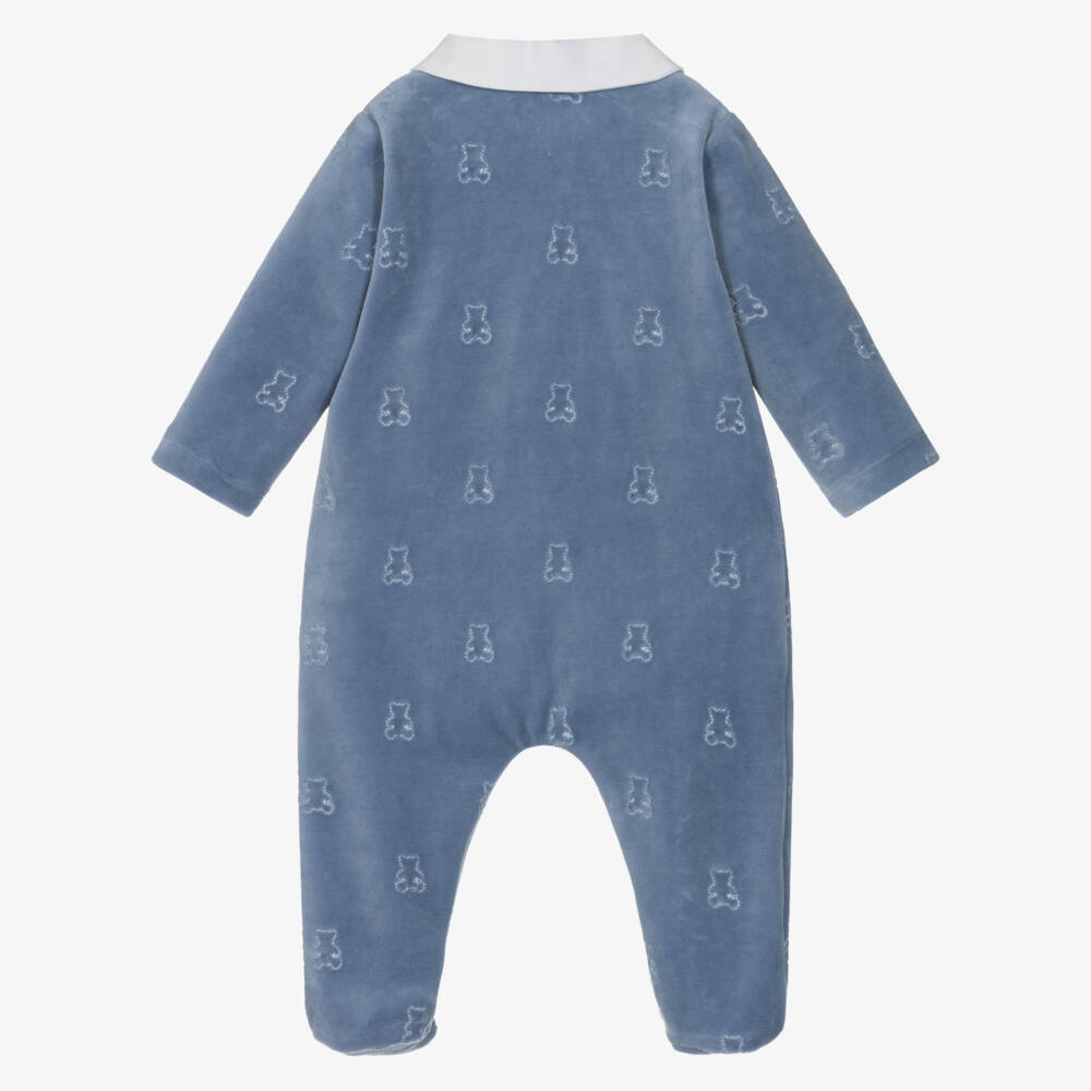 Patachou-Boys Blue Velour Babygrow with Embroidered Teddy Bears | Childrensalon