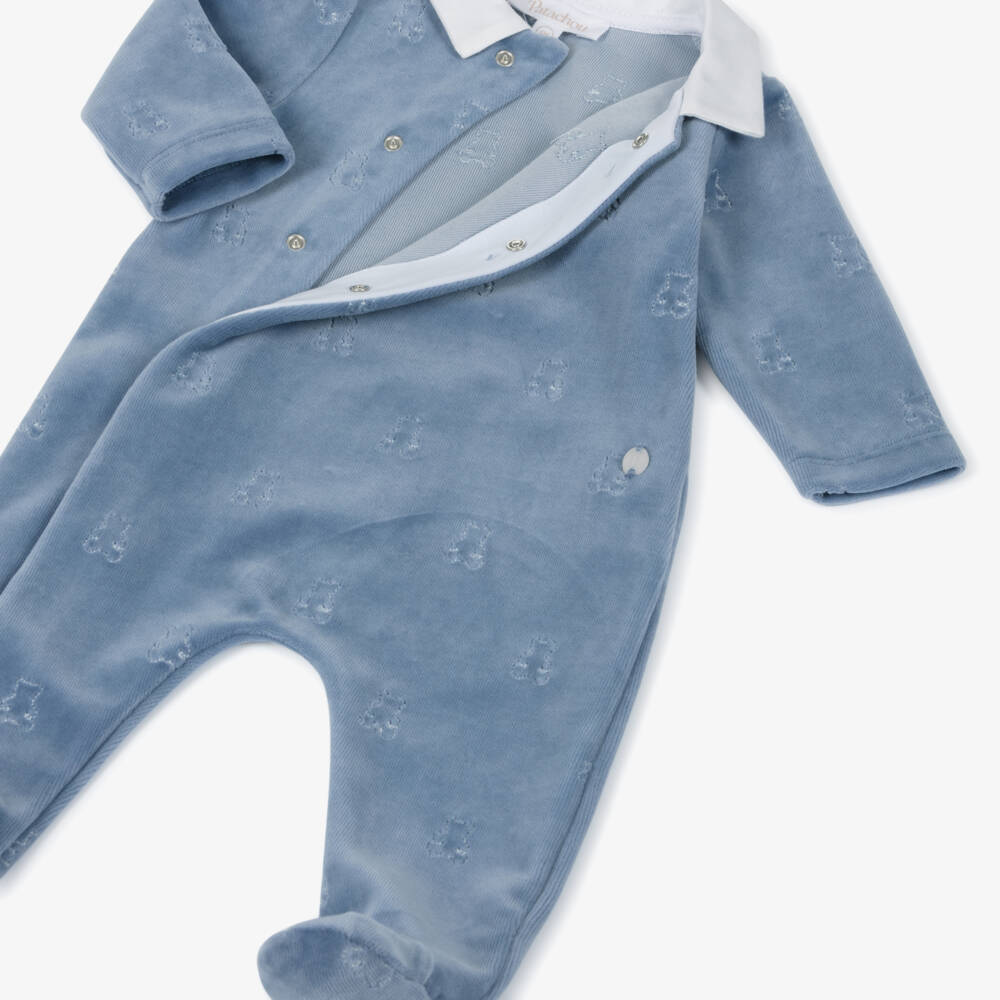 Patachou-Boys Blue Velour Babygrow with Embroidered Teddy Bears | Childrensalon