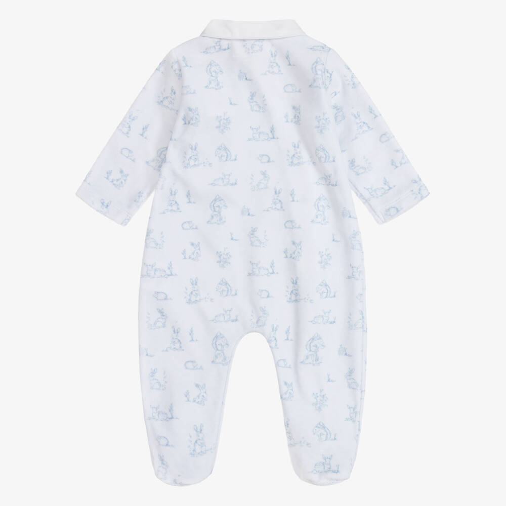 Patachou-Boys Blue Velour Babygrow with Woodland Animals Print | Childrensalon