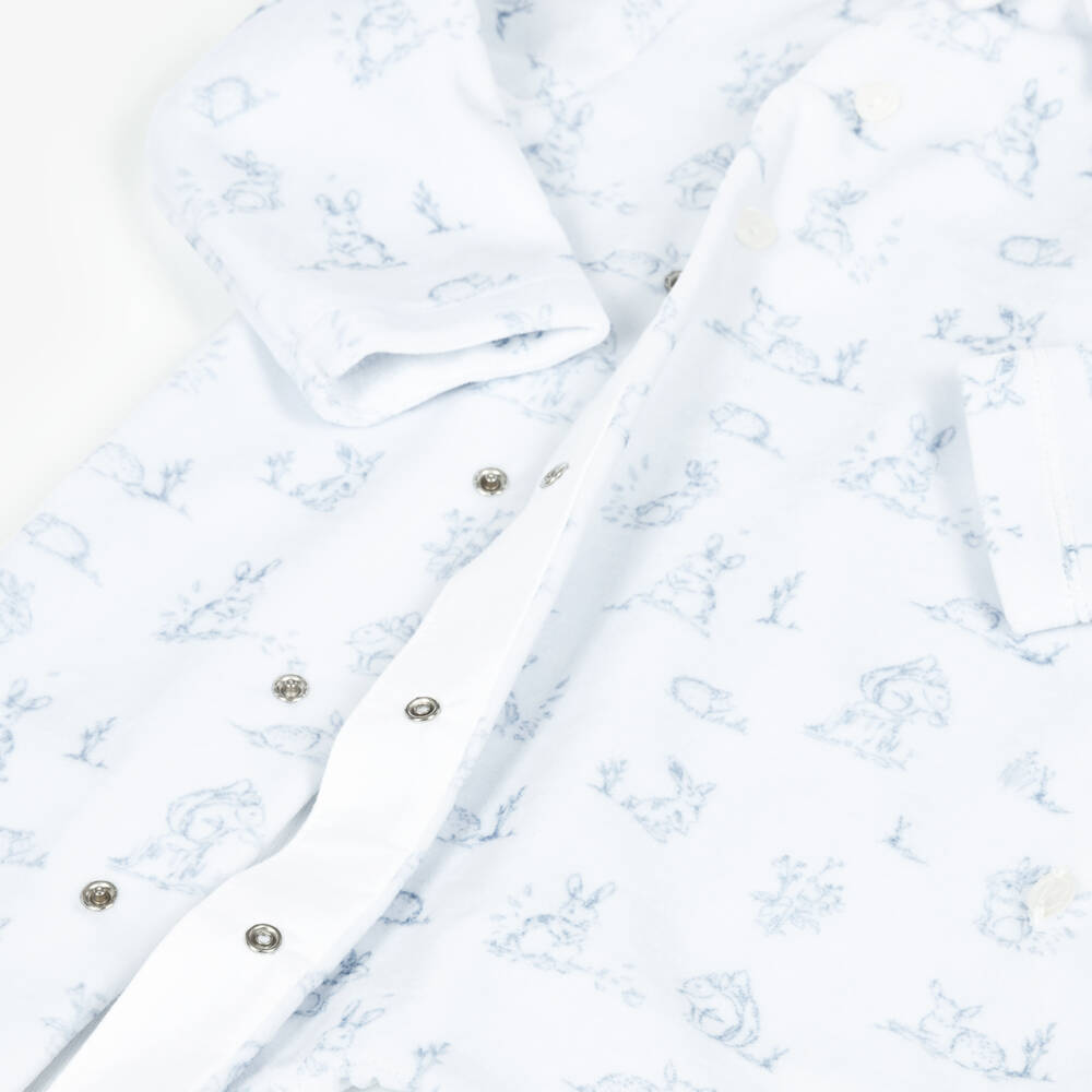 Patachou-Boys Blue Velour Babygrow with Woodland Animals Print | Childrensalon