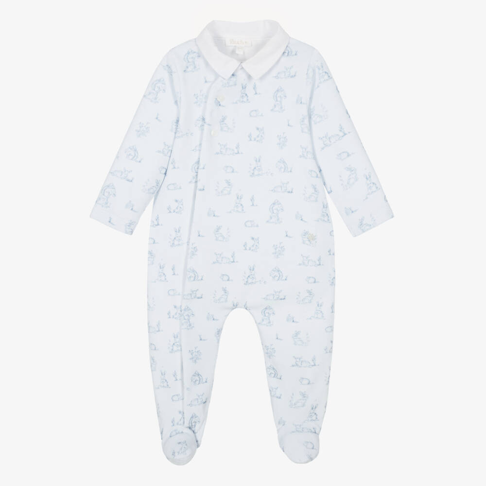 Patachou-Boys Blue Velour Babygrow with Woodland Animals Print | Childrensalon