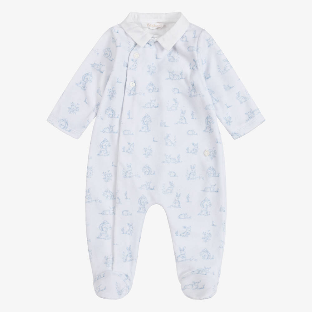 Patachou-Boys Blue Velour Babygrow with Woodland Animals Print | Childrensalon
