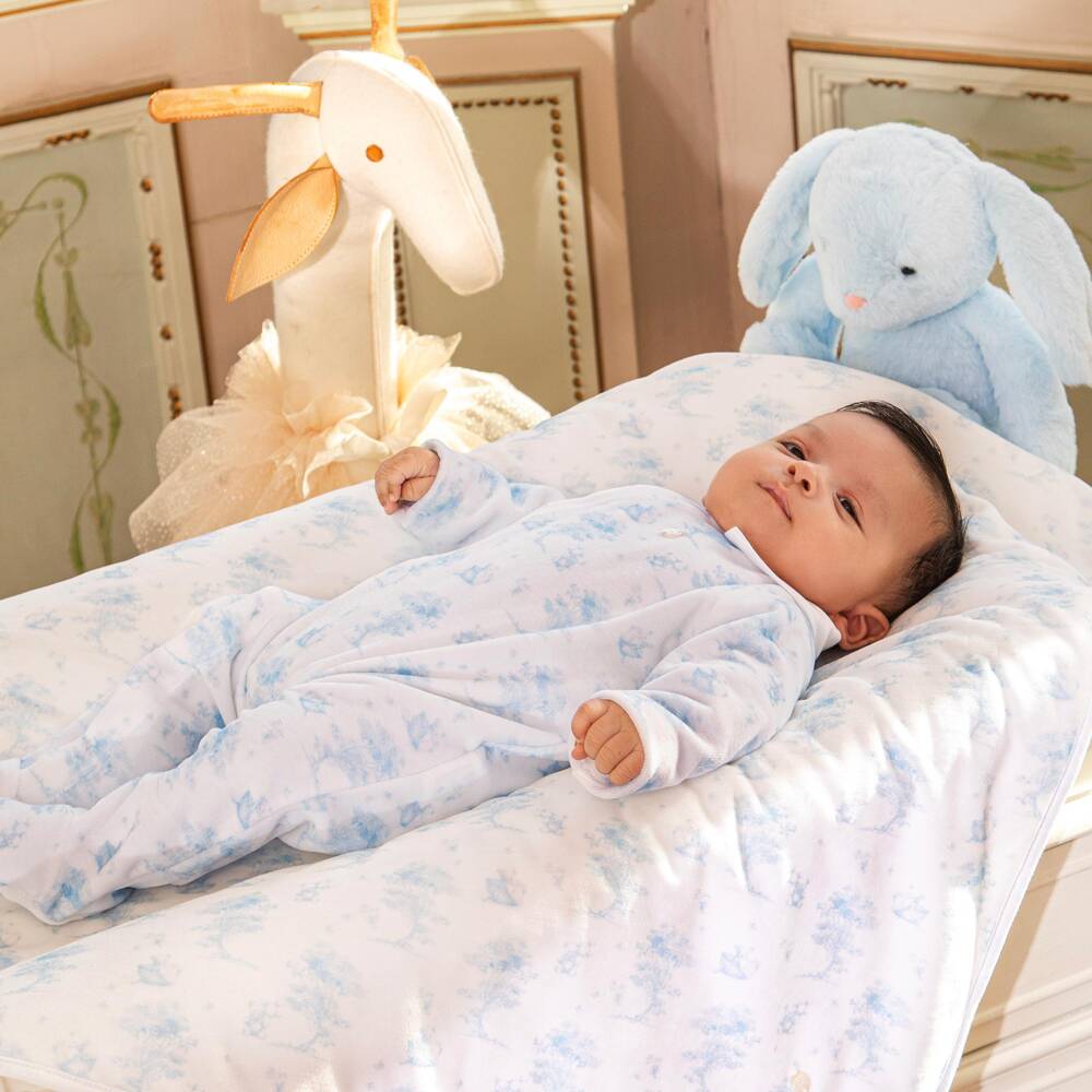 Patachou-Boys Blue Velour Babygrow with Woodland Animals Print | Childrensalon