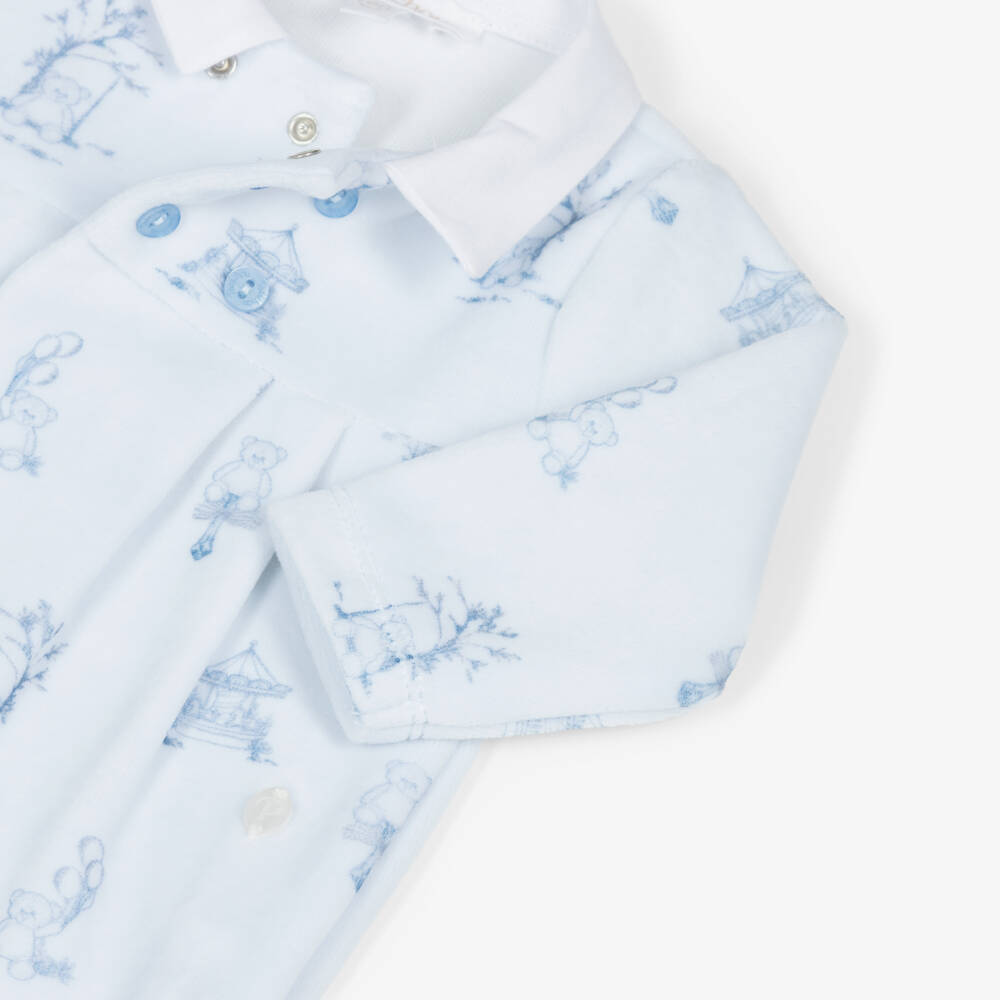 Patachou-Boys Blue Velour Teddy Bear Printed Babygrow | Childrensalon