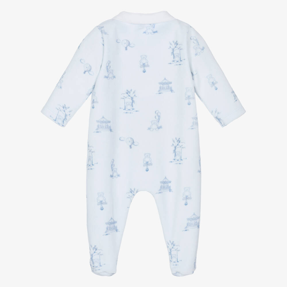 Patachou-Boys Blue Velour Teddy Bear Printed Babygrow | Childrensalon