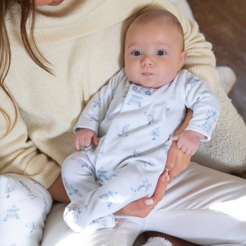 Patachou-Boys Blue Velour Teddy Bear Printed Babygrow | Childrensalon