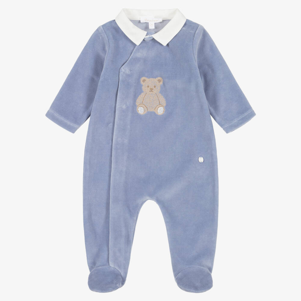 Patachou-Boys Blue Velour Teddy Motif Babygrow | Childrensalon