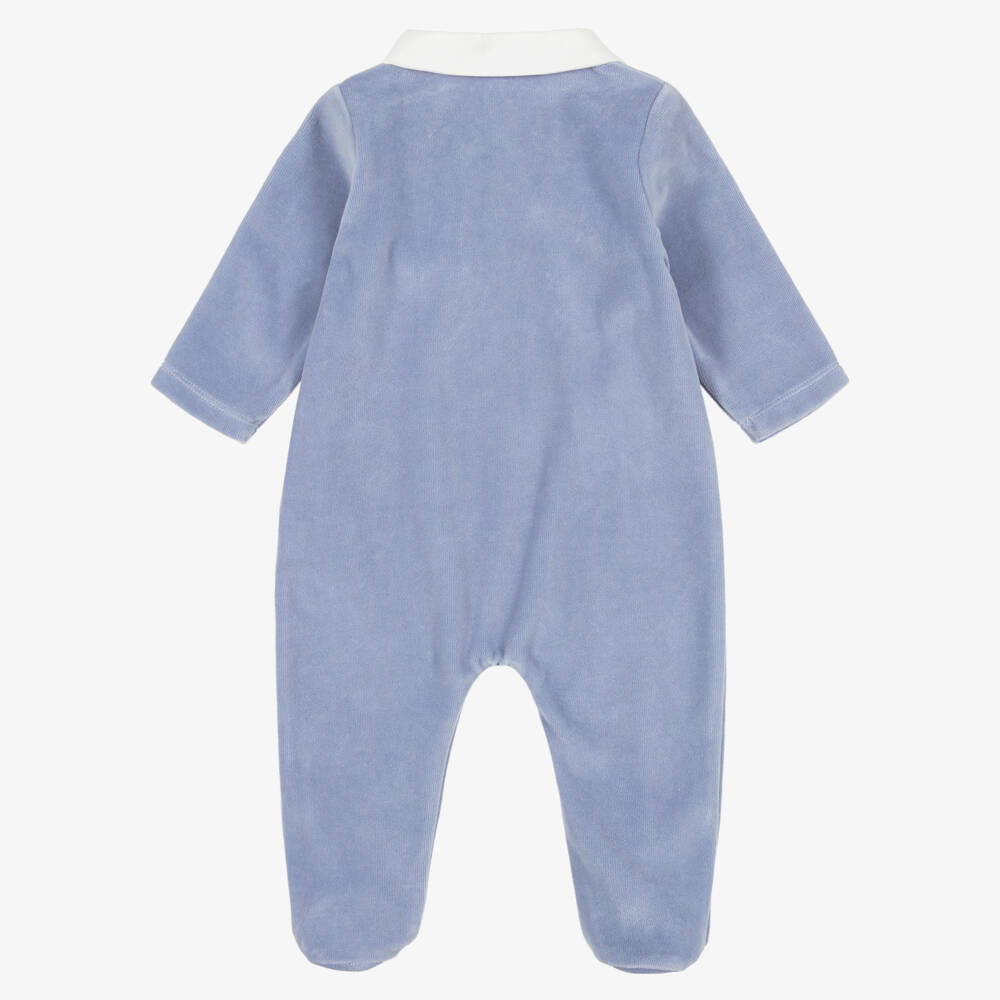 Patachou-Boys Blue Velour Teddy Motif Babygrow | Childrensalon