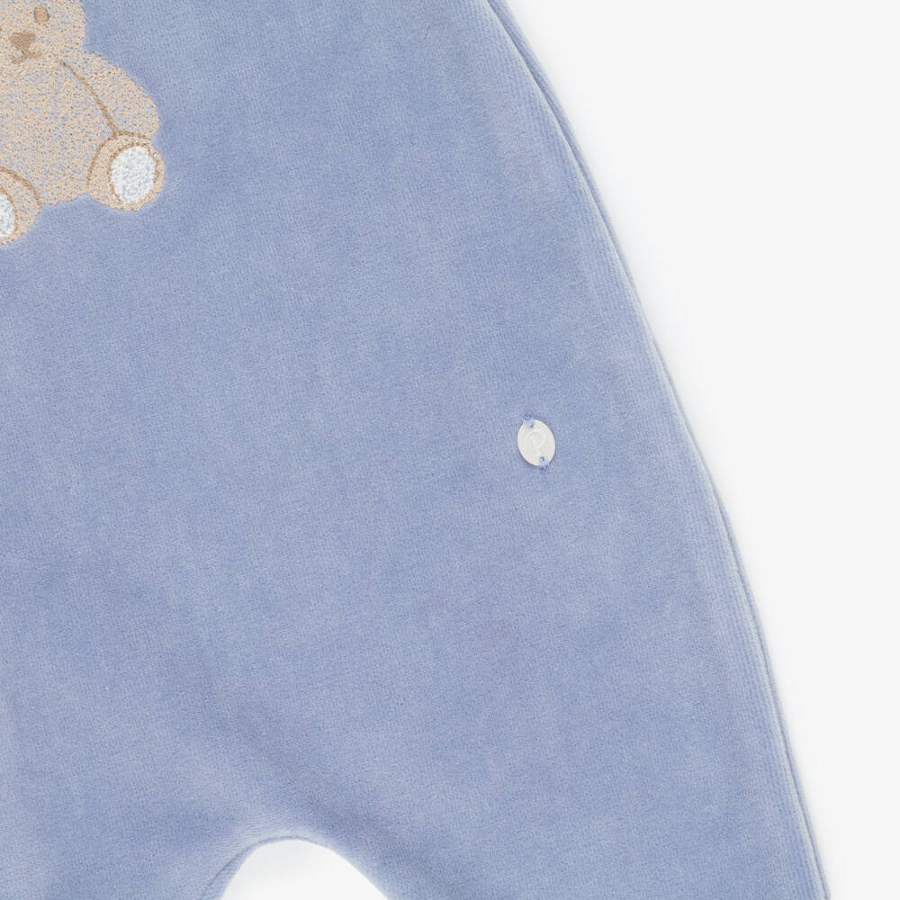 Patachou-Boys Blue Velour Teddy Motif Babygrow | Childrensalon