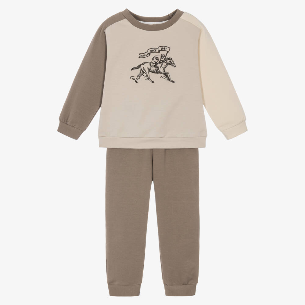 Patachou-Boys Brown & Beige Tracksuit with Racehorse Embroidery | Childrensalon