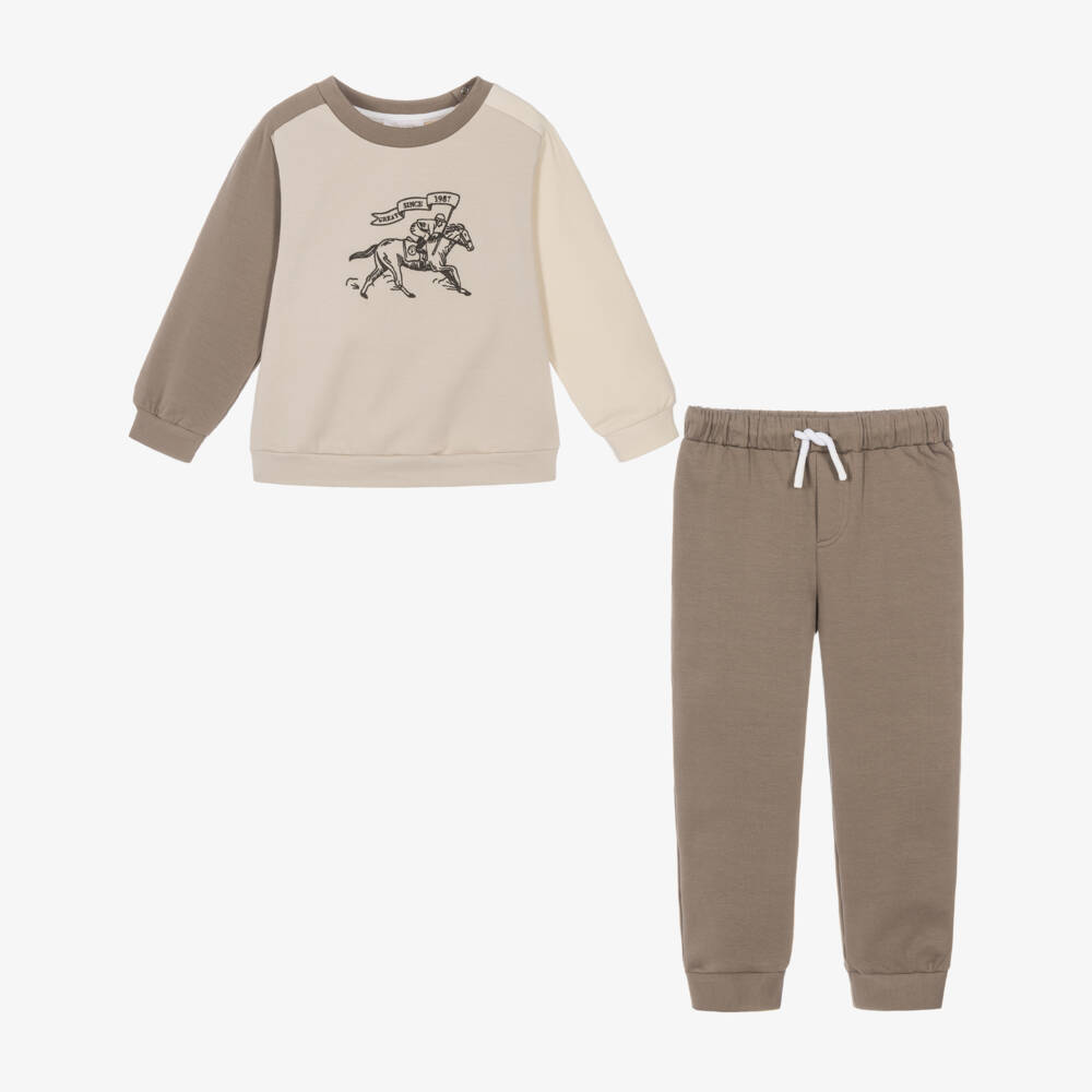 Patachou-Boys Brown & Beige Tracksuit with Racehorse Embroidery | Childrensalon