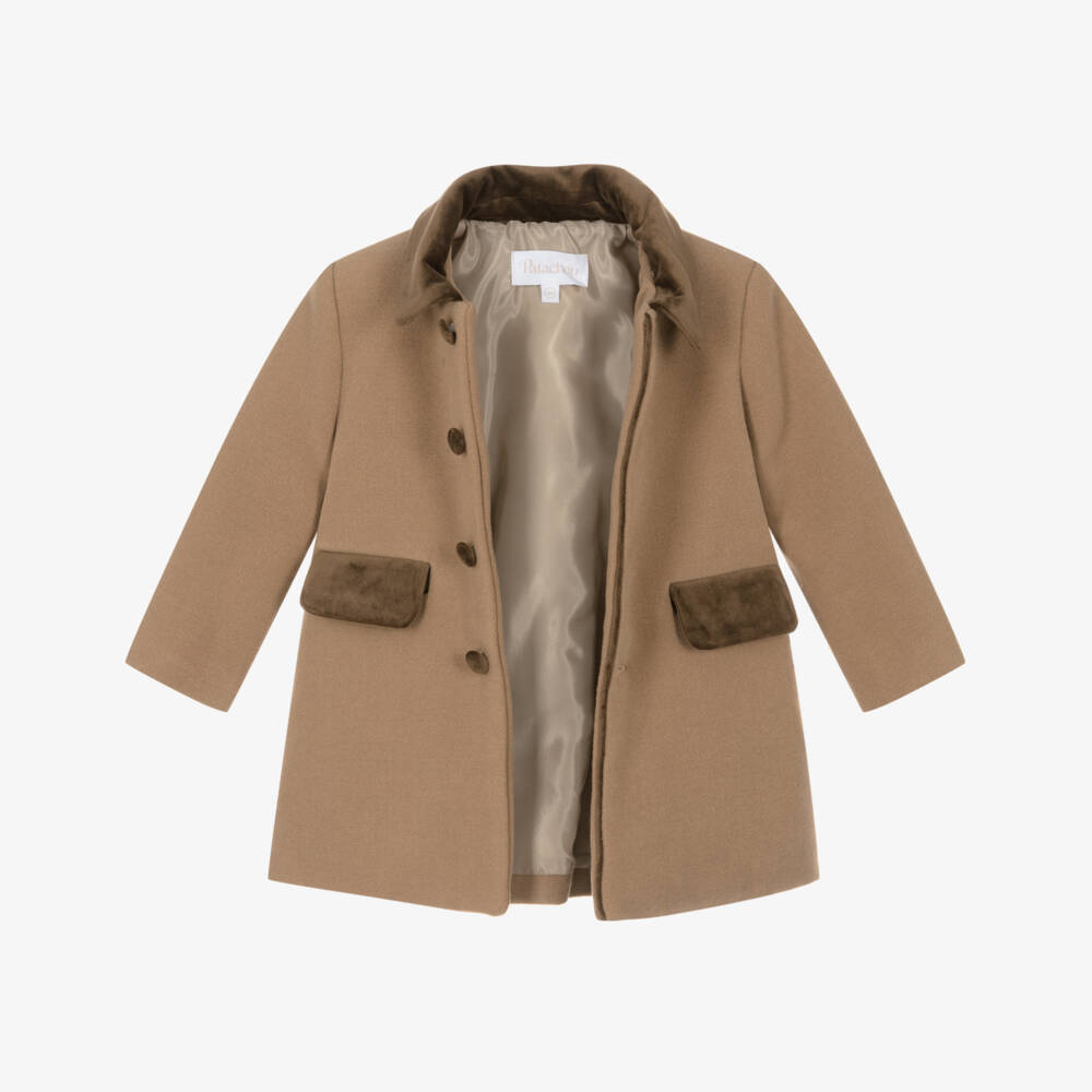 Patachou-Boys Brown Felted Coat with Velvet Collar | Childrensalon