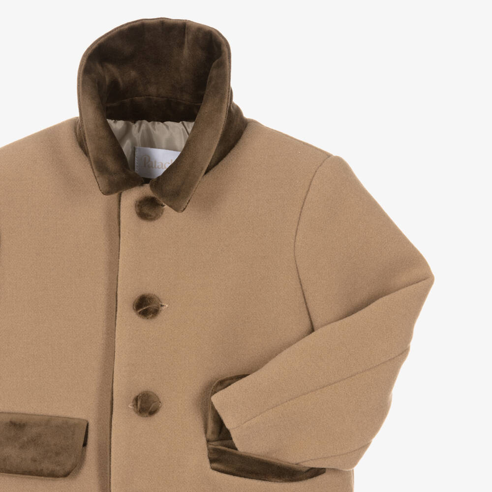 Patachou-Boys Brown Felted Coat with Velvet Collar | Childrensalon