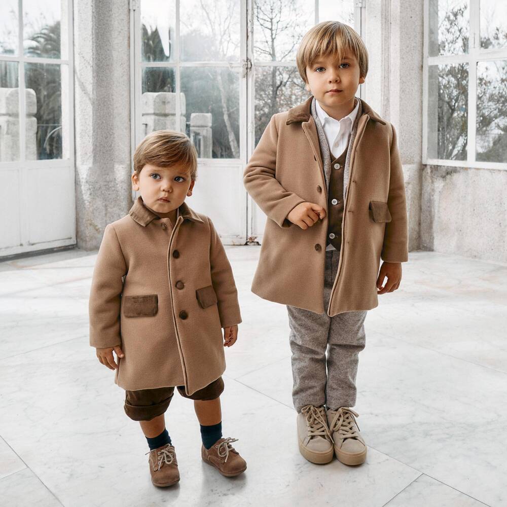 Patachou-Boys Brown Felted Coat with Velvet Collar | Childrensalon
