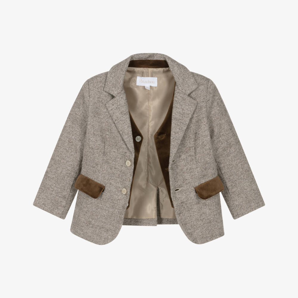 Patachou-Boys Brown Herringbone Felted Blazer | Childrensalon