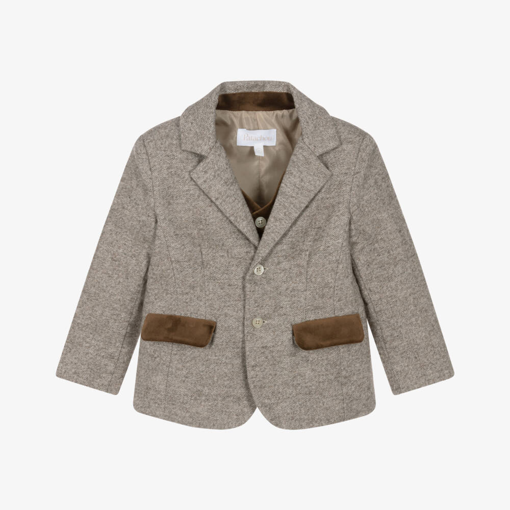 Patachou-Boys Brown Herringbone Felted Blazer | Childrensalon