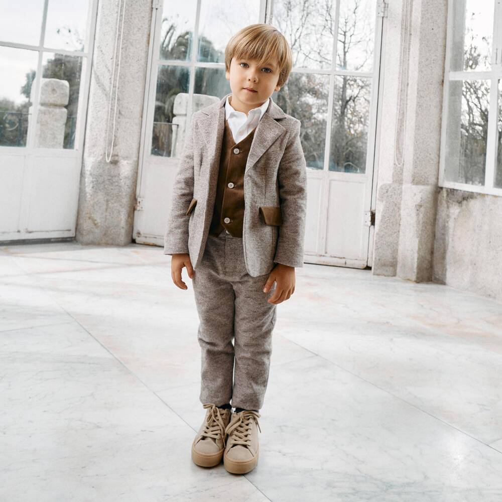 Patachou-Boys Brown Herringbone Felted Blazer | Childrensalon