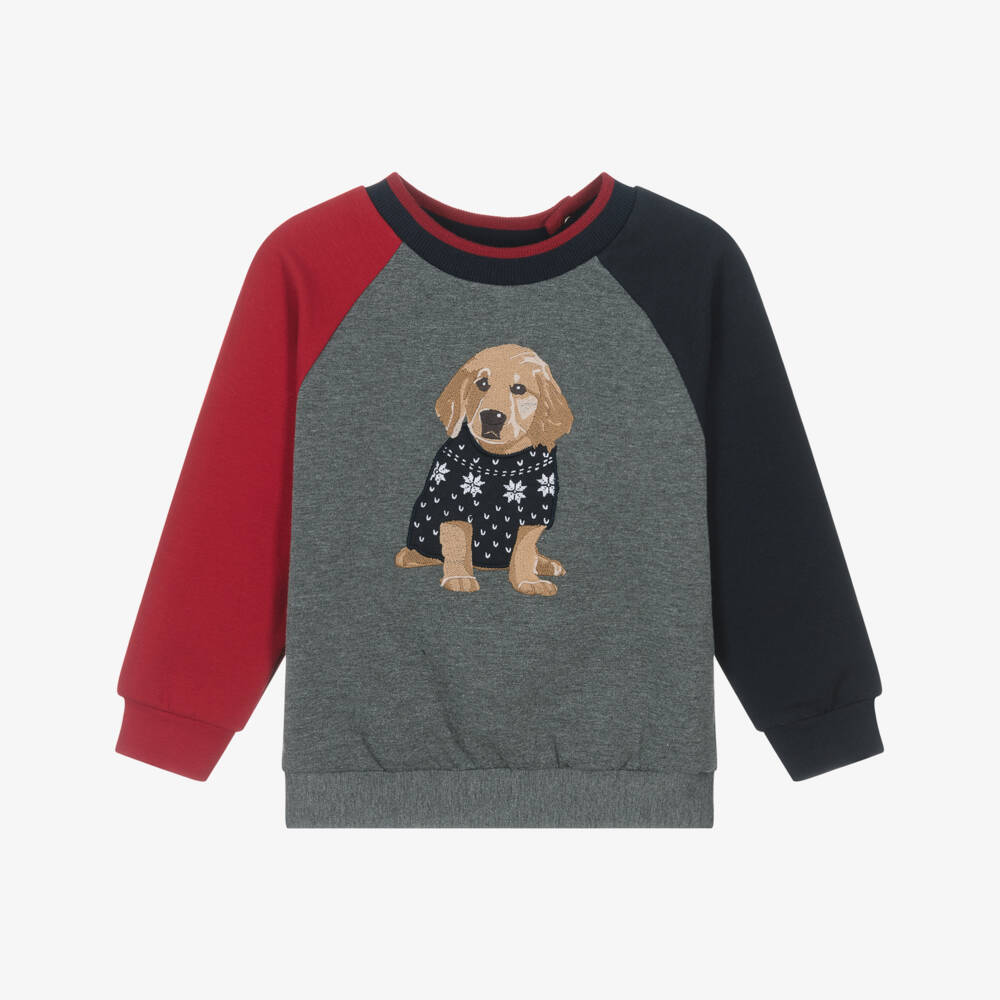Patachou-Boys Grey Cotton Sweatshirt with Embroidered Puppy | Childrensalon
