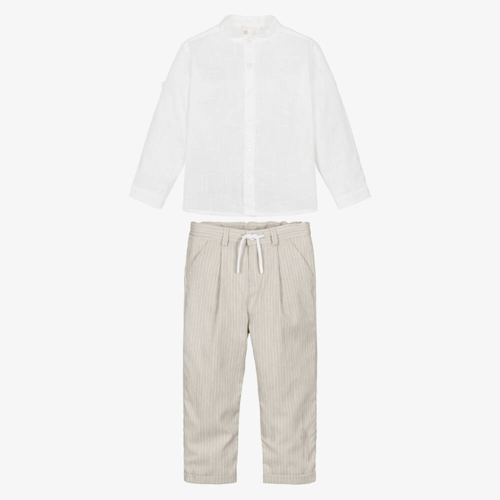 Patachou-Boys Ivory & Beige Pinstripe Trouser Set | Childrensalon