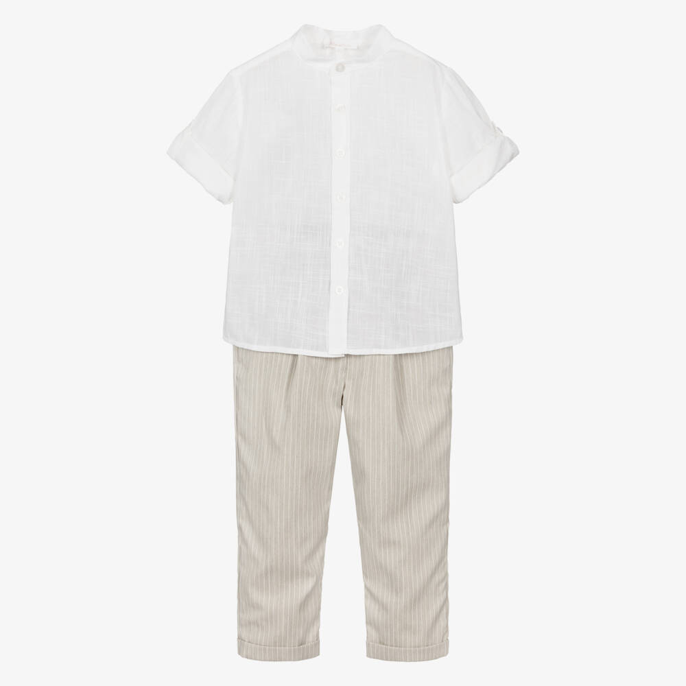 Patachou-Boys Ivory & Beige Pinstripe Trouser Set | Childrensalon