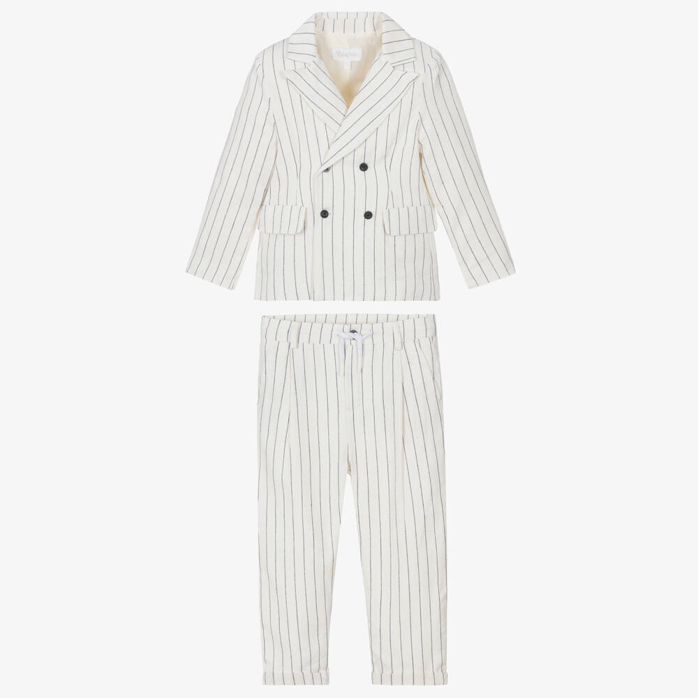 Patachou-Boys Ivory Cotton & Linen Pinstripe Suit | Childrensalon