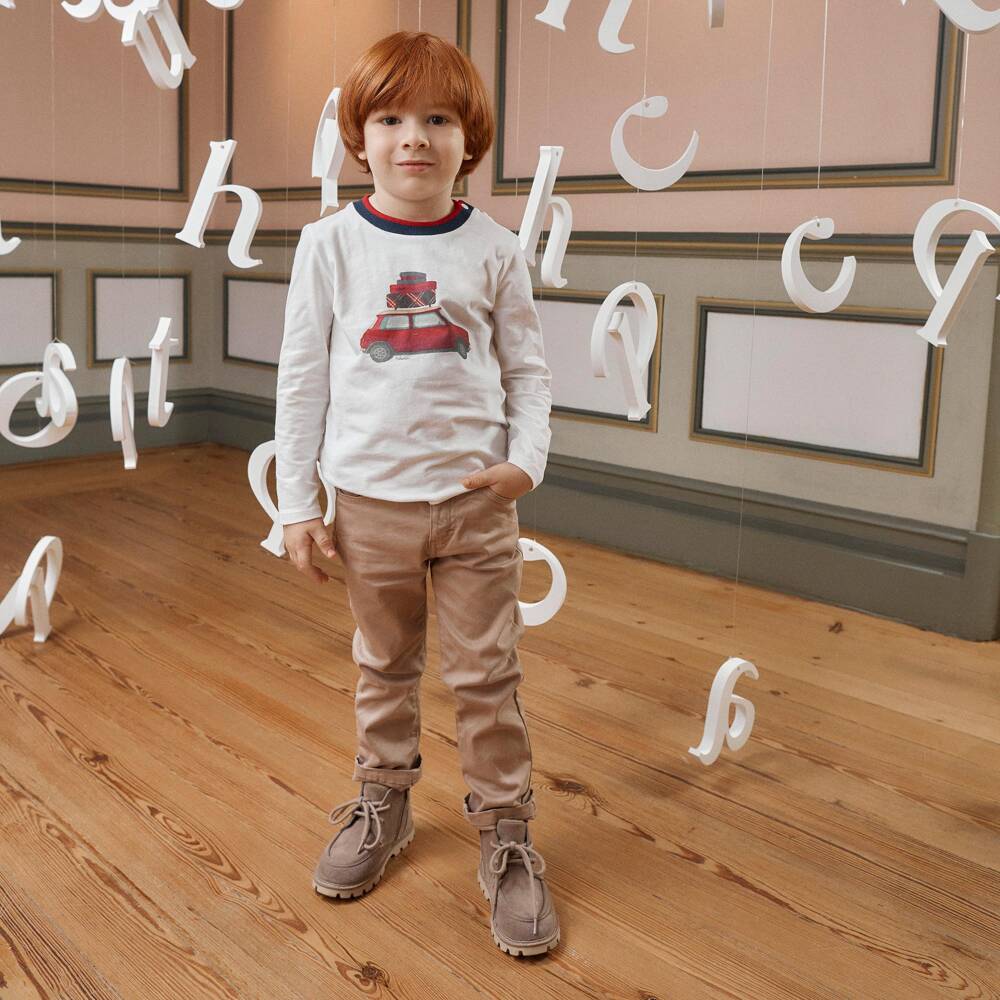 Patachou-Boys Ivory Long Sleeve Car Print Top | Childrensalon