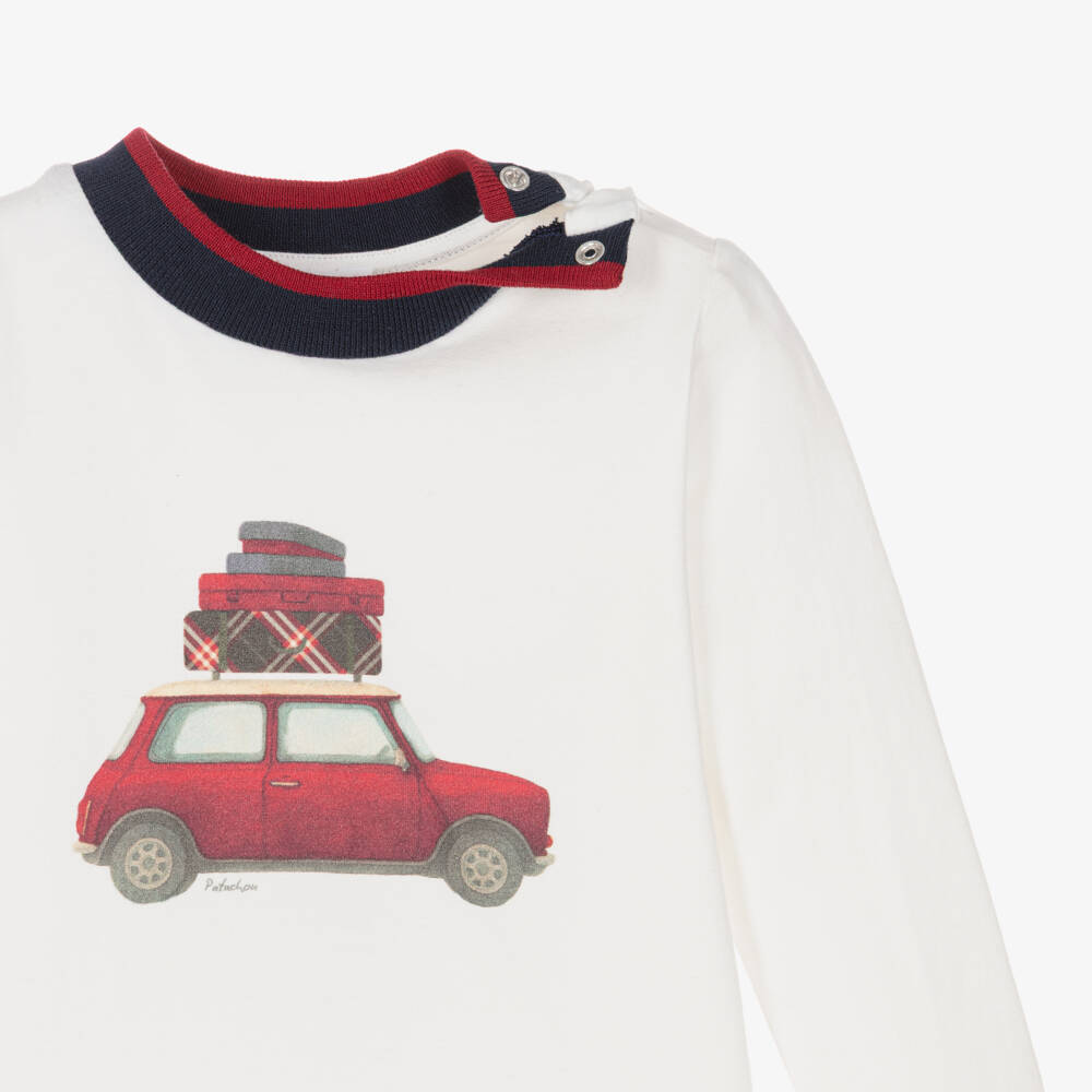 Patachou-Boys Ivory Long Sleeve Car Print Top | Childrensalon