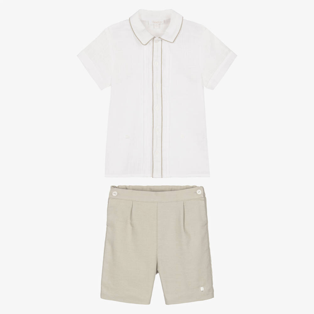 Patachou-Boys Ivory Shirt & Beige Twill Shorts Set | Childrensalon