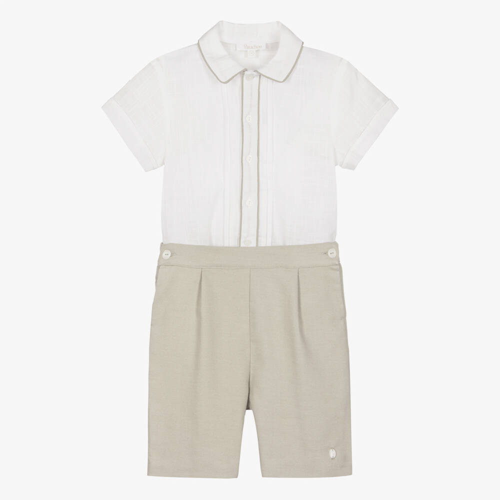 Patachou-Boys Ivory Shirt & Beige Twill Shorts Set | Childrensalon