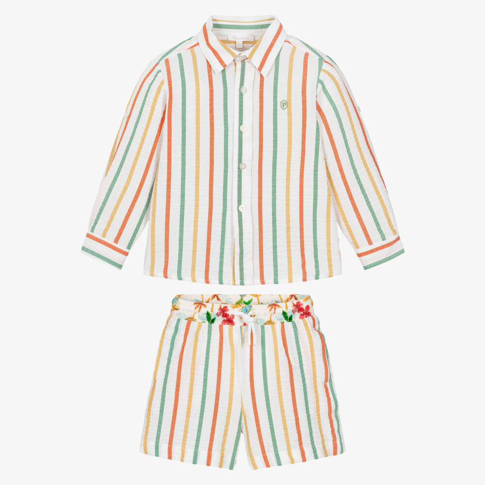 Patachou-Boys Ivory Striped Cotton Seersucker Shorts Set | Childrensalon