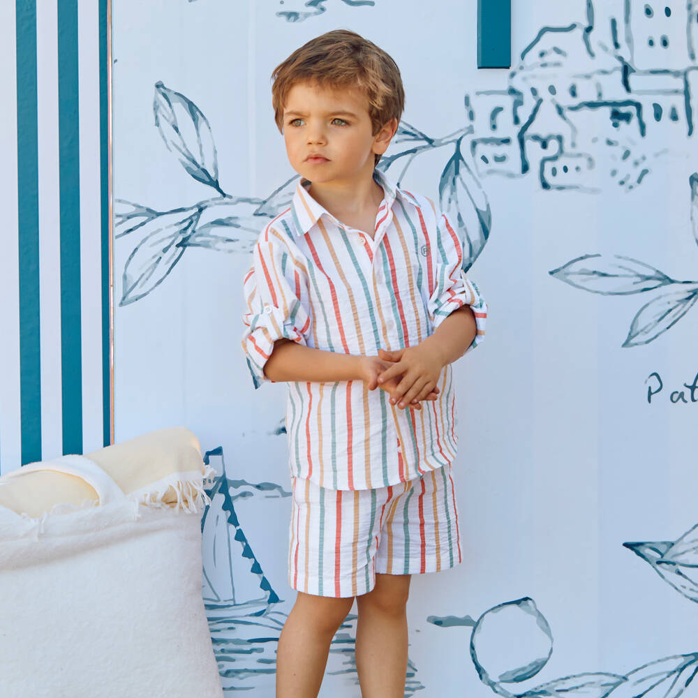 Patachou-Boys Ivory Striped Cotton Seersucker Shorts Set | Childrensalon