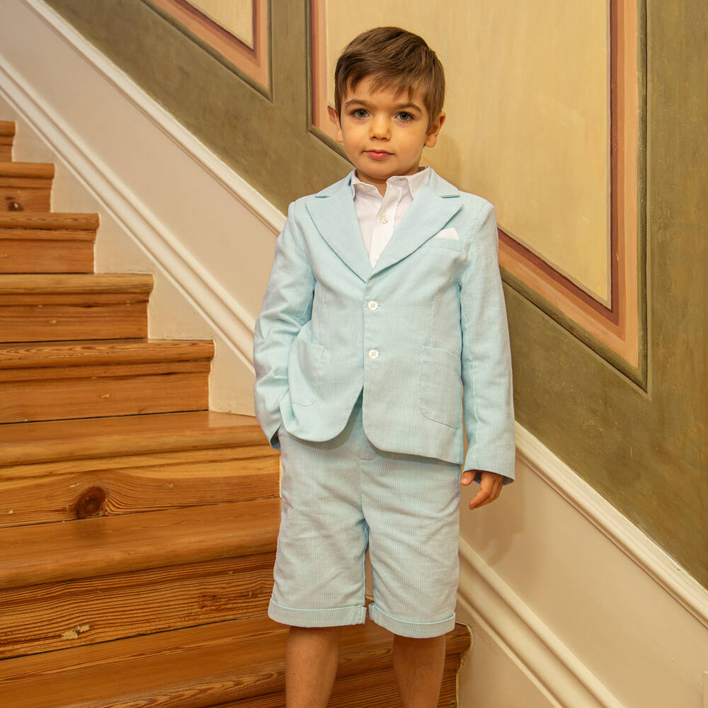 Patachou-Boys Mint Green Pinstripe Cotton Shorts Suit | Childrensalon