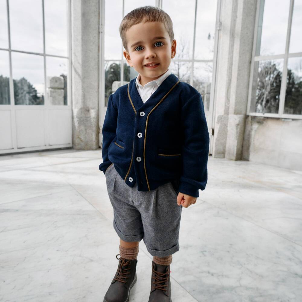 Patachou-Boys Navy Blue Cardigan with Velvet Trim | Childrensalon