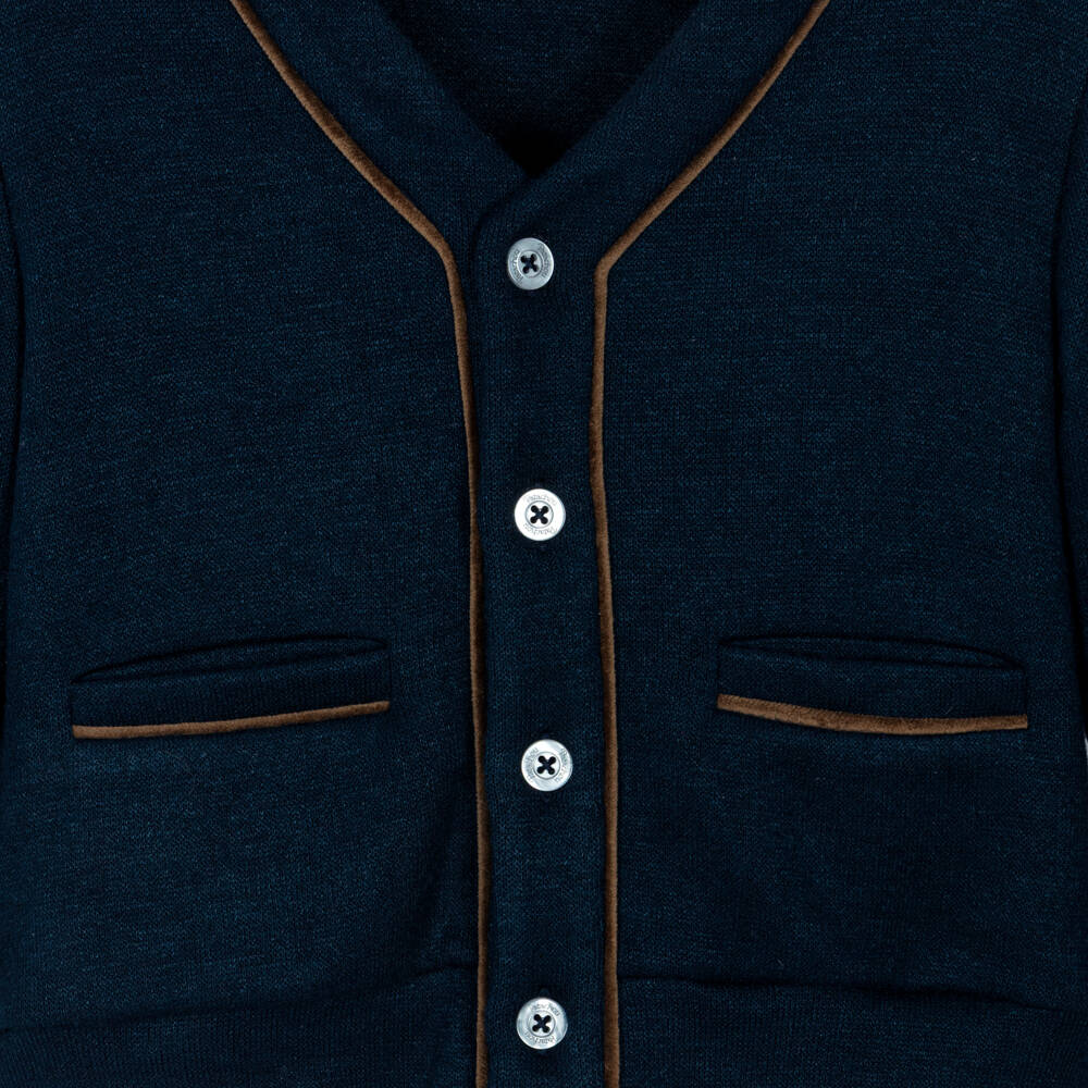 Patachou-Boys Navy Blue Cardigan with Velvet Trim | Childrensalon